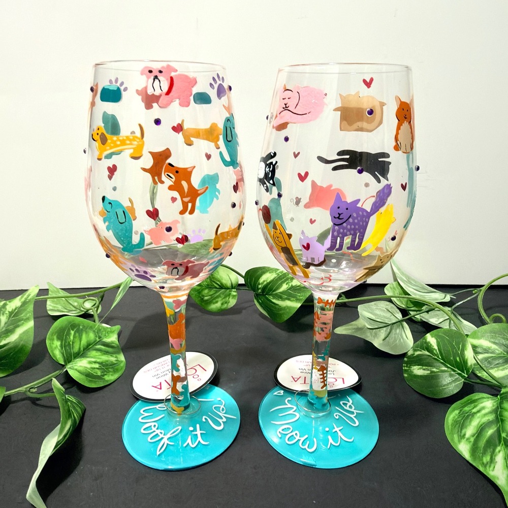 Lolita Love My Wine Hand Painted Glasses Set Meow It Up Woof It Up Cats Dogs 9in